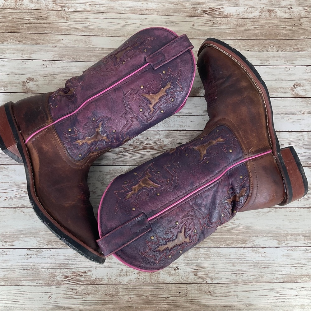 LAREDO WOMENS LOLA COWGIRL BROWN/PINK TRIM EMBROIDERED SQUARE TOE WESTERN BOOTS - Picture 11 of 11